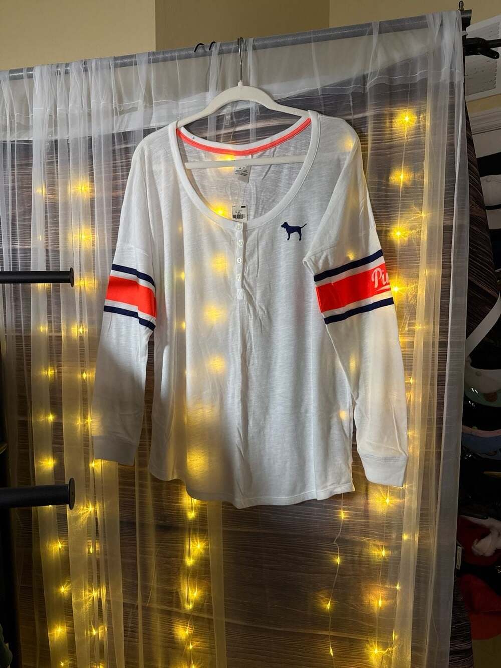 Victoria's Secret PINK White Henley Long Sleeve Varsity Stripe Tee